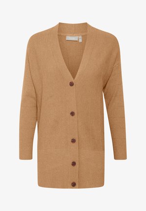 Pruun ribadega kardigan V-kaelusega, pikkade varrukatega ja kuueteistkümne tumepruuni nööbiga ees. Pehme tekstuur ja mugav lõige.