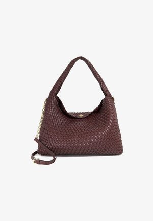 Woven leather handbag in deep burgundy with a slouchy shape. Features a braided handle and detachable shoulder strap with gold hardware.