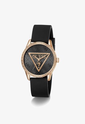 Fekete szilikon óra kerek rózsa arany tokba, kristálydíszítéssel és fekete textúrált számlapjával, amelyen háromszög alakú logó található.