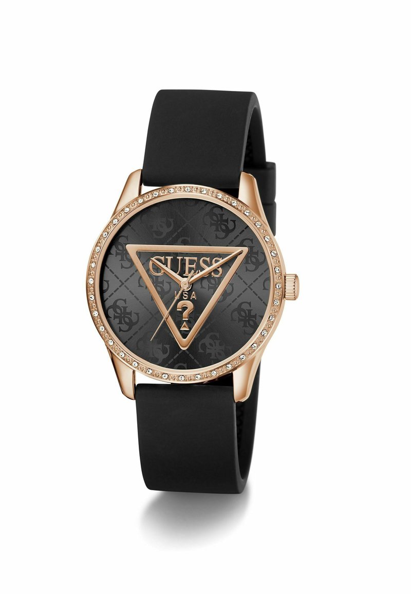 Reloj de silicona negro con una caja redonda de oro rosa, adornos de cristal y una esfera negra texturizada con un diseño de logo triangular.