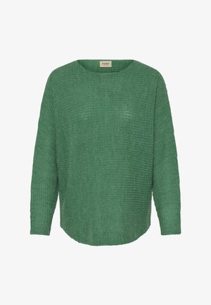 Zaļš adīts džemperis ar brīvu piegriezumu, apaļu kakla izgriezumu un gariem piedurknēm. Tekstūra ir mīksta un bieza, ar bezšuvju, zemu apakšmalas dizainu.