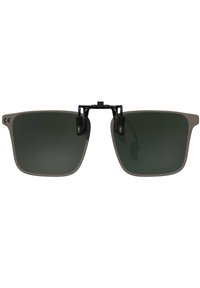 Sunglasses with gray-tinted lenses, lightweight frame in matte gray, and a black metal connector at the top. Acetate earpieces included.