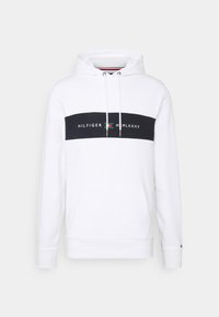 Witte pullover hoodie met een marineblauwe horizontale band met de tekst "HILFIGER MMLXXXV" en een logo-accent, een kangoeroezak en verstelbare trekkoorden.