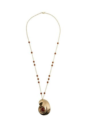 Gold chain necklace with small brown beads and a large spiral-shaped gold pendant featuring a central round brown stone.