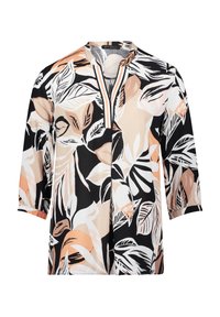 Kwiatowa bluzka w kolorach czarnym, kremowym i brzoskwiniowym z rękawami 3/4. Posiada luźny krój i dekolt w serek. Wykonana z lekkiego materiału o gładkiej teksturze.