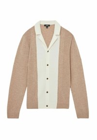 Cardigan en tricot avec un corps beige et un panneau central blanc. Il dispose d'un col, d'une fermeture à boutons et de panneaux latéraux texturés.
