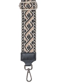 Gewebtes Stoffband in Beige mit schwarzen geometrischen Mustern, ausgestattet mit einer strukturierten schwarzen Lederbasis und einem silbernen Metallclip zur Befestigung.