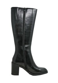 Stivale in pelle nera fino al ginocchio con punta quadrata, tacco largo e cerniera laterale, caratterizzato da una finitura liscia e una silhouette elegante.
