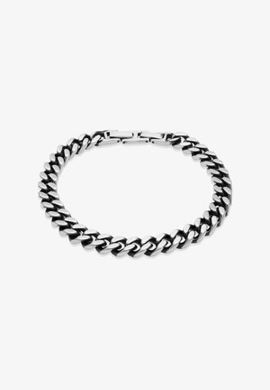 Massives silbernes Metallarmband mit großen ovalen Gliedern und einem rechteckigen Verschluss, präsentiert auf weißem Hintergrund.