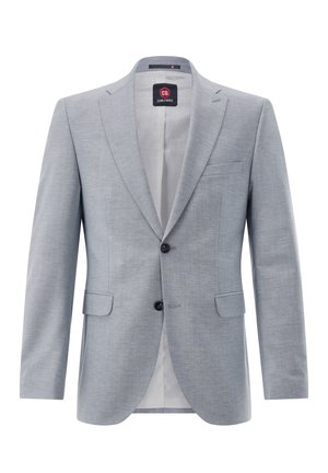 Hellgrauer formeller Herrenblazer mit Kerbkragen, zwei schwarzen Knöpfen, Klapptaschen und einer Brustleistentasche, offene Vorderseite mit hellem Innenfutter.