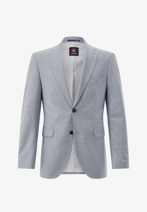 Hellgrauer formeller Herrenblazer mit Kerbkragen, zwei schwarzen Knöpfen, Klapptaschen und einer Brustleistentasche, offene Vorderseite mit hellem Innenfutter.