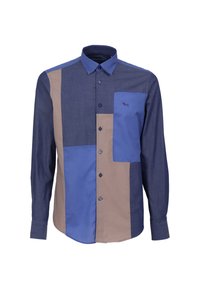 Men's button-up shirt featuring a color-block design with navy, blue, and tan sections. Short collar, long sleeves, and a chest pocket.