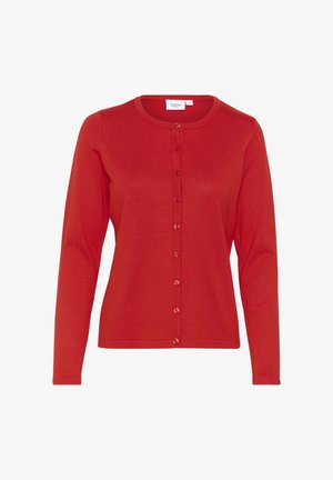 Cardigan rouge à manches longues, texture côtelée, encolure ronde et fermeture à boutons sur le devant. Tissu lisse et design ajusté.