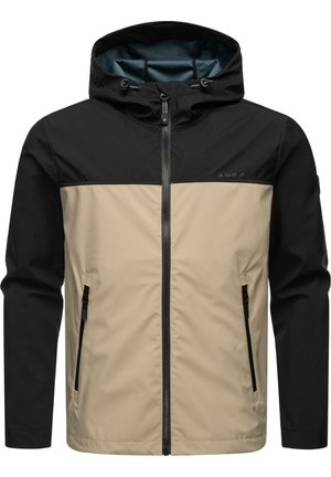 Herenjas met een zwarte bovenkant en een beige ondersectie. Heeft een capuchon, een ritssluiting aan de voorkant en twee zijzakken met zwarte ritsen.