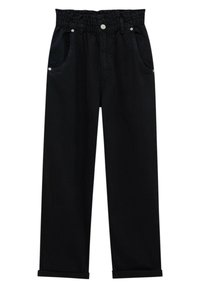 Zwarte high-waisted broek met elastische tailleband, zilveren knoopsluiting, twee voorkruiken met klinknagels en rechte pijpen met omgeslagen zoom.