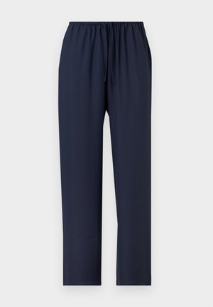 Marineblå bukser med elastisk talje, lige ben og en snor foran, vist mod en lys baggrund.