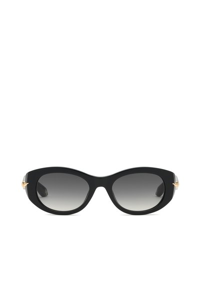 Lunettes de soleil noires forme œil de chat avec verres foncés dégradés et petits accents dorés sur les branches, présentées sur fond blanc.