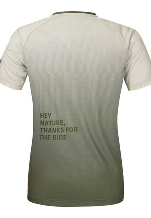 Kurze Ärmel Sportshirt in Hellgrau, das zu Grün verblasst, mit einem strukturierten Design und bedrucktem Text: "HEY NATUR, DANKE FÜR DIE FAHRT."