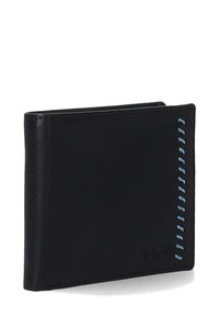 Zwarte leren portemonnee met lichtblauwe stiksels langs de rand. Heeft een gladde textuur en een minimalistisch ontwerp. Logo geperst op de voorkant.