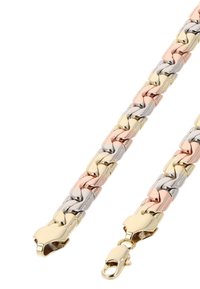 Náramek z kovového řetězu ve třech odstínech, který se skládá z propletených článků v provedení stříbra, zlata a růžového zlata, se zlatou sponou pro bezpečné uzavření.