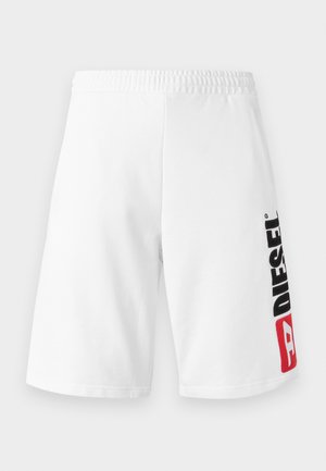 Pantaloncini bianchi in cotone con elastico in vita, con un logo nero e rosso sulla gamba sinistra. Tessuto liscio e lunghezza fino al ginocchio.