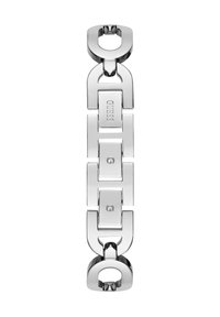 Bracelet en métal argenté avec des maillons rectangulaires, arborant le logo gravé "GUESS" et des accents circulaires, finition polie et design classique.