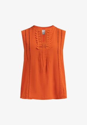 Narancssárga, ujjatlan felső, könnyű anyagból, kulcslyuk nyakkivágással, hímzett részletekkel és varrott díszítéssel az oldalakon.