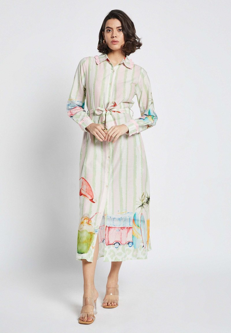 Knopf-Down, langärmliges Kleid in hellgrünen Streifen mit bunten, strandthemenbezogenen Illustrationen, tailliert und mit einem kragenförmigen Ausschnitt.