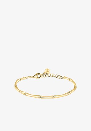 Bracciale color oro con design segmentato, caratterizzato da maglie allungate, chiusura a moschettone e catena regolabile con un charm elegante.