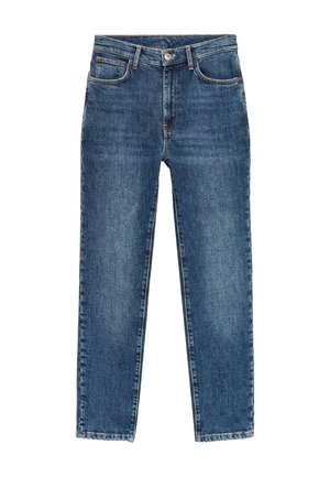 Donkerblauwe denim jeans met een recht model, vijf zakken en een knoopsluiting. Kenmerkt subtiele vervaging en contrasterende stiksels.