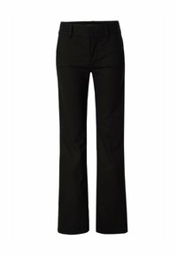 Pantaloni neri a gamba dritta realizzati in un tessuto liscio e elasticizzato, con vita piatta e tasche anteriori. Design semplice, senza motivi o decalcomanie visibili.
