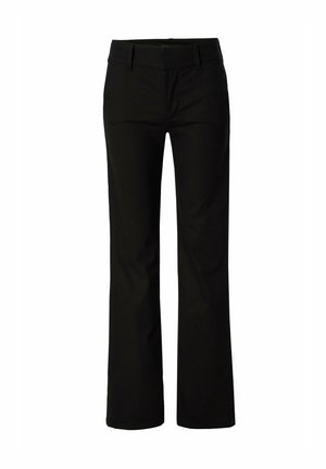 Pantaloni neri a gamba dritta realizzati in un tessuto liscio e elasticizzato, con vita piatta e tasche anteriori. Design semplice, senza motivi o decalcomanie visibili.