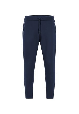 Marineblå slim-fit joggebukser med snøre i taljen og lynlåslommer i siderne, designet til afslappet brug.