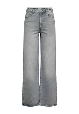 Jean denim gris clair à jambes larges avec taille haute, bouton avant, fermeture éclair et poches avant et arrière.