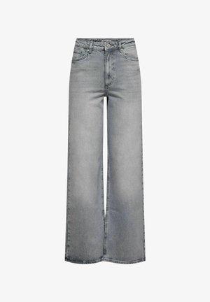 Light gray wide-leg denim jeans with high waist, front button, zipper closure, and front and back pockets.