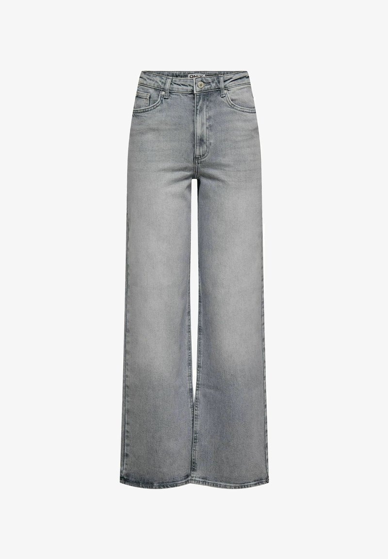 Jean denim gris clair à jambes larges avec taille haute, bouton avant, fermeture éclair et poches avant et arrière.