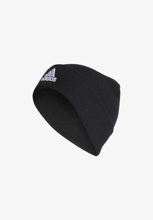 Beanie nera in maglia con texture a coste, con logo Adidas bianco sul lato. Progettato per calore e comfort.