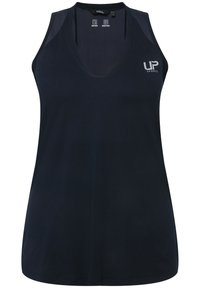 Marineblå atletisk tanktop med V-hals, åndbare mesh-detaljer på skuldrene og logodetalje på brystet. Letvægtsstof.