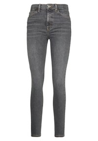 Jeans ajustados de denim gris oscuro, con una cintura alta, diseño de cinco bolsillos y detalles de costura sutil a lo largo de las costuras.