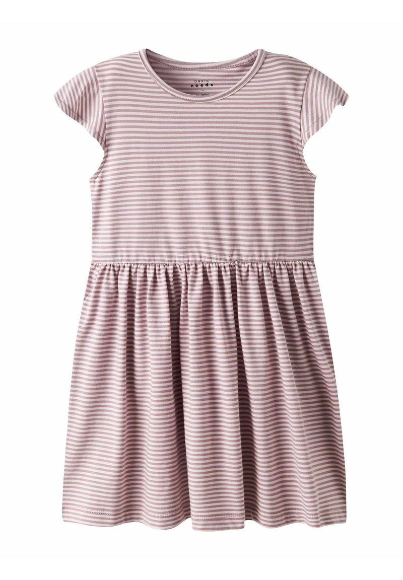 Robe rayée en rose pâle et blanc, à manches courtes, décolleté rond, taille froncée, jupe évasée, fabriquée en tissu doux et léger.