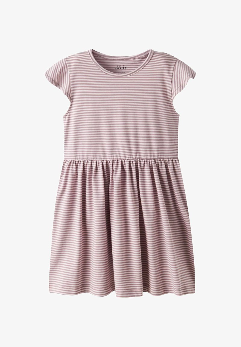 Pasiasta sukienka w jasnoróżowym i białym kolorze, krótki rękaw, okrągły dekolt, marszczona talia, rozkloszowany dół, wykonana z miękkiej, lekkiej tkaniny.