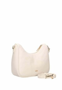 Borsa a spalla color crema con cerniera curvata nella parte superiore, logo in tonalità oro e una tracolla rimovibile posizionata accanto su uno sfondo bianco.