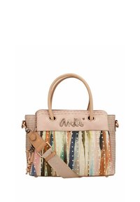 Sac à main avec corps beige texturé, rayures verticales colorées et pois à l'avant. Dispose de poignées arrondies et d'une bandoulière amovible.