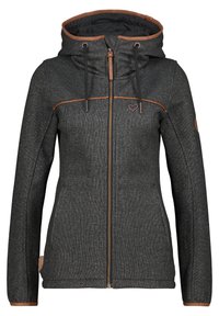 Šedá zipová bunda s kapucí, s hnědými akcenty, texturovaným materiálem a logem srdce na hrudi. Hladké zapínání na zip.
