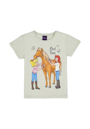 Children grooming a brown horse, with text "Best Team," a horseshoe, and a butterfly on a light-colored short-sleeve t-shirt.