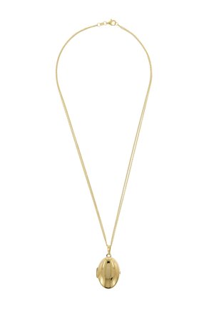Gold-toned necklace featuring a polished egg-shaped pendant with a chain design, incorporating fine links and a clasp closure.