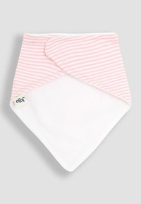 Baumwoll-Lätzchen mit dreieckiger Form, oben mit rosa-weißen Streifen und unten in reinem Weiß, befestigt mit einem Klettverschluss.