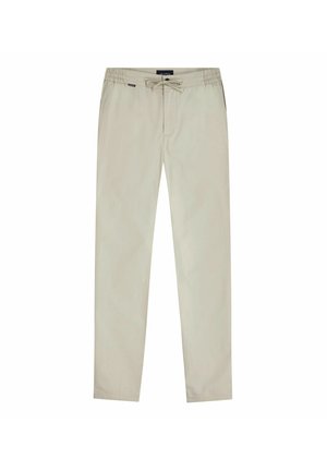 Pantalon décontracté beige avec taille élastique et cordon de serrage, coupe droite, doté de poches latérales et d'une petite étiquette de marque près de la taille.