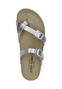 Sandal in metallo argentato con due cinturini e fibbie regolabili, tomaia in materiale sintetico e soletta imbottita marrone. Taglia 37 riportata sulla soletta.