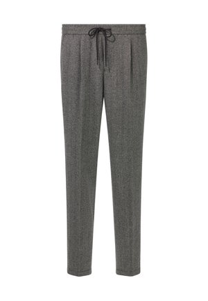Graue, strukturierte Hose mit einem Zugbandbund, gefaltetem Frontbereich und schmal zulaufenden Beinen, aus einem weichen, leichten Stoff gefertigt.